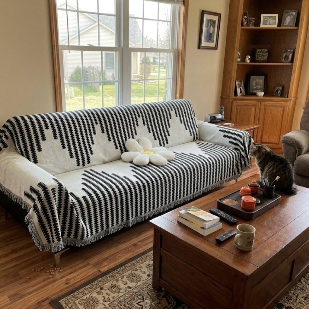 Customer photo from Danice Charlotte Guevarra showing the Fern Curve Couch Blanket on their sofa