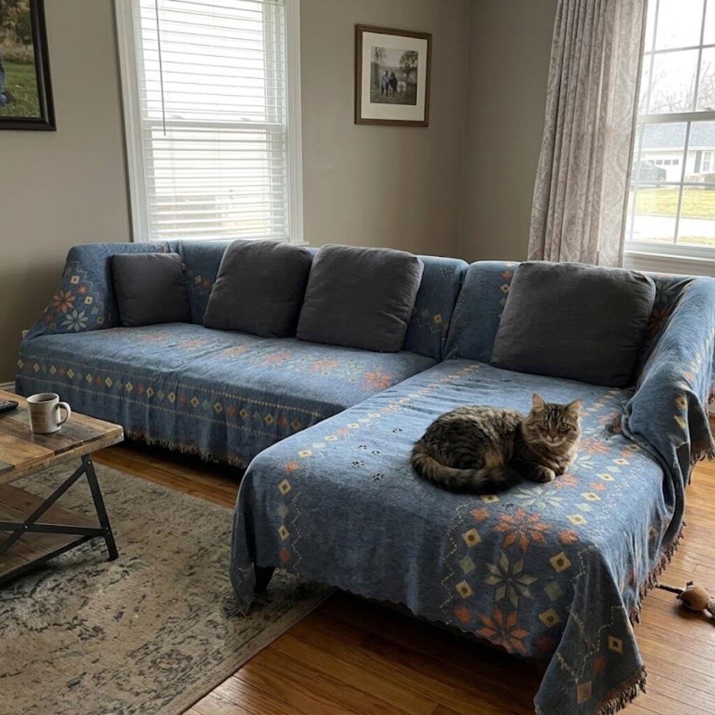 Customer photo from Campbell showing the Bohemian Chenille Couch Blanket on their sofa