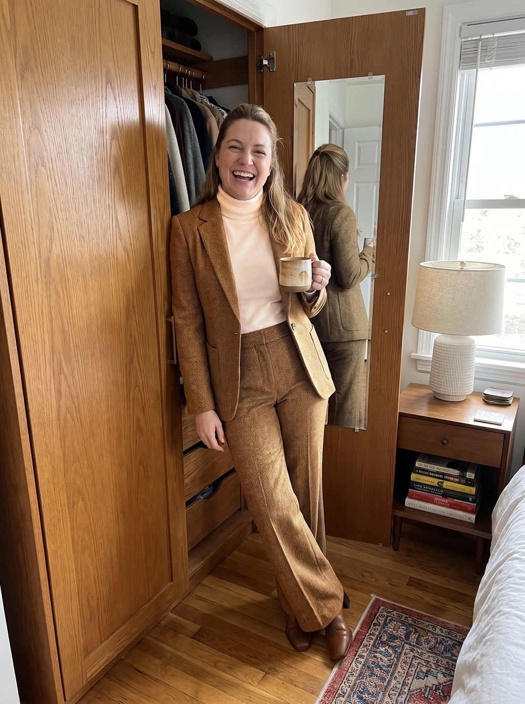 SoloveDress Women's 2 Piece Herringbone Tweed Suit Notch Lapel Single Button Pants Set (Blazer+Pants)