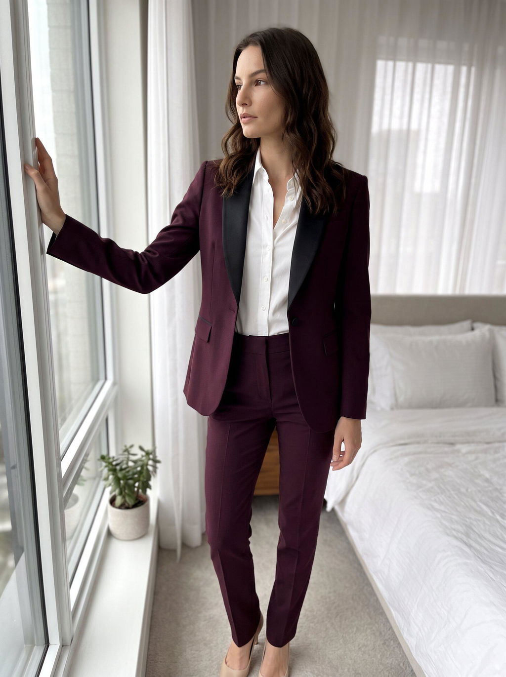 SoloveDress Women's 2 Piece Solid Shawl Lapel Suit Set (Blazer+Pants)