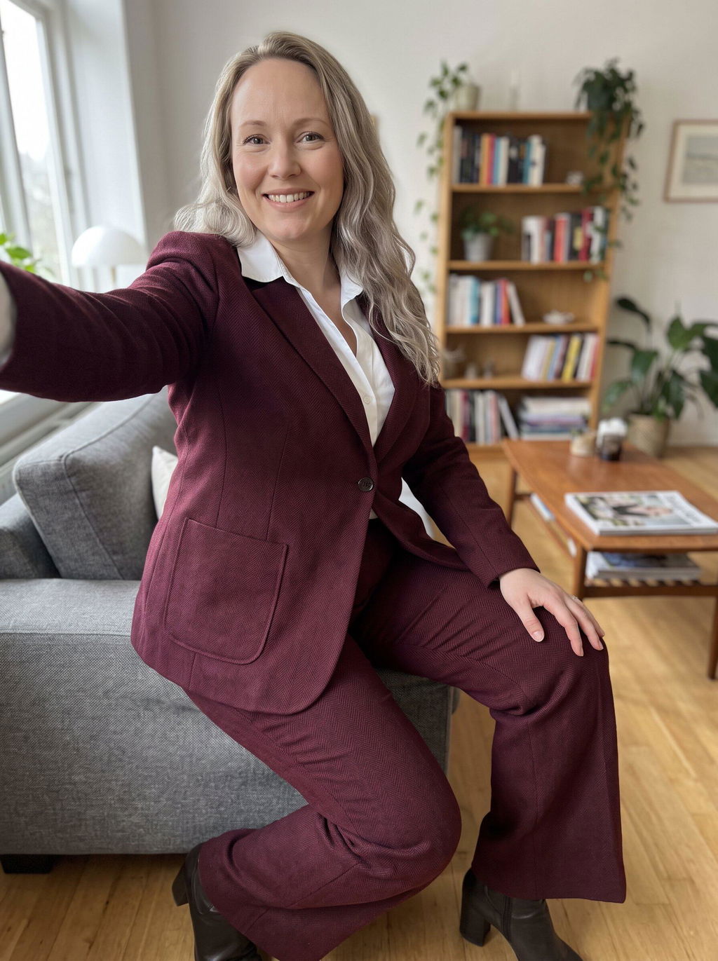SoloveDress Women's 2 Piece Herringbone Tweed Suit Notch Lapel Single Button Pants Set (Blazer+Pants)