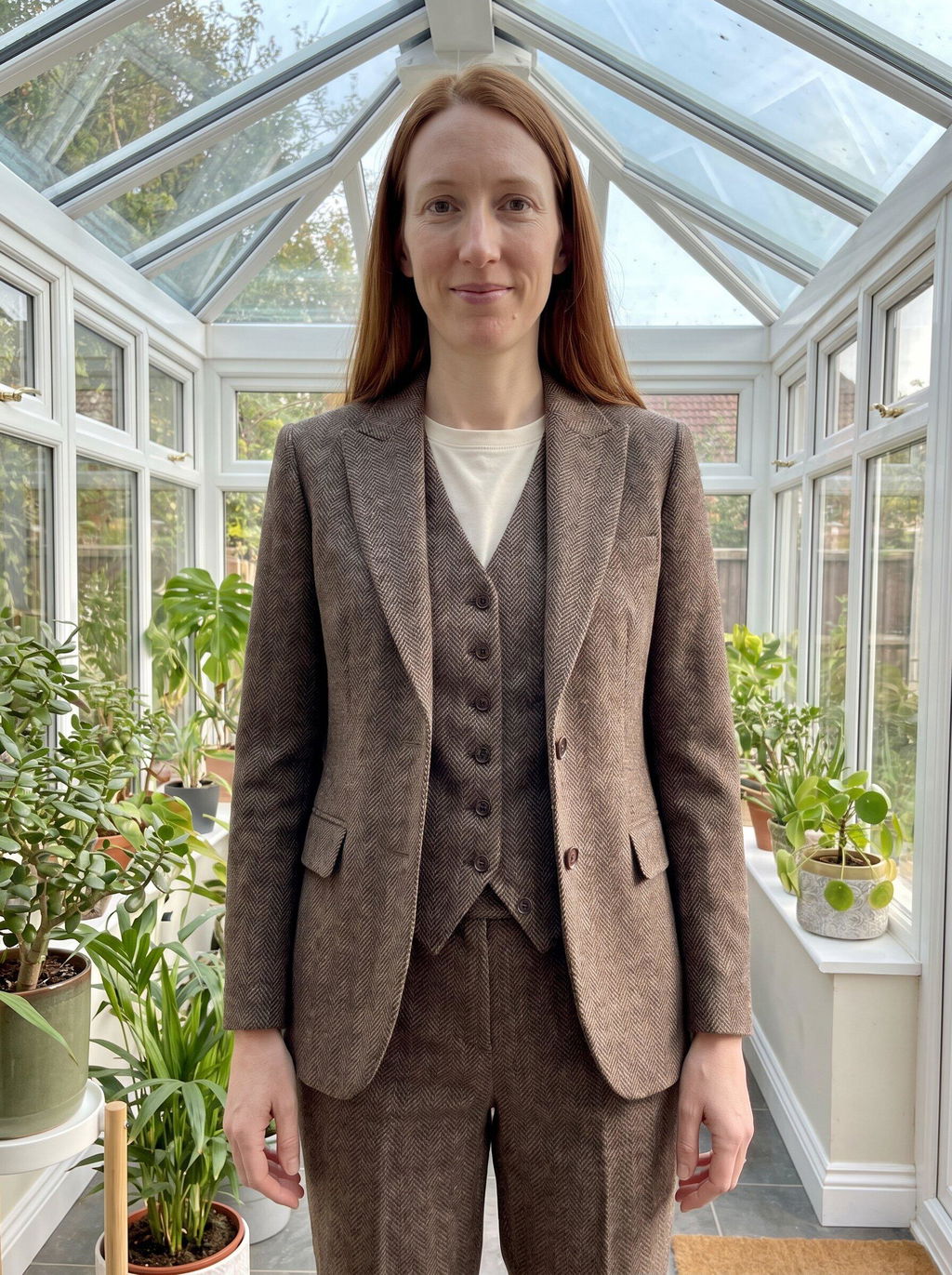 SoloveDress Women's 3 Piece Herringbone Tweed Suit Peak Lapel Single Button Pants Set (Blazer+Vest+Pants)