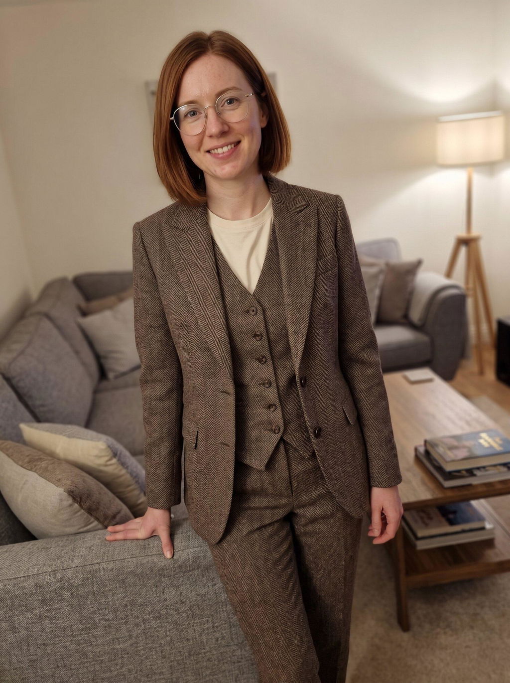 SoloveDress Women's 3 Piece Herringbone Tweed Suit Peak Lapel Single Button Pants Set (Blazer+Vest+Pants)