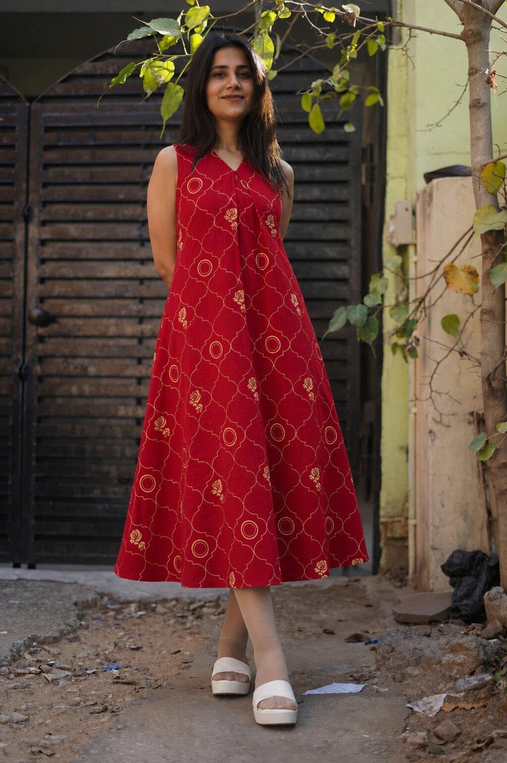 ' Rose Tapestry Red ' Hand Block Printed Cotton Dress