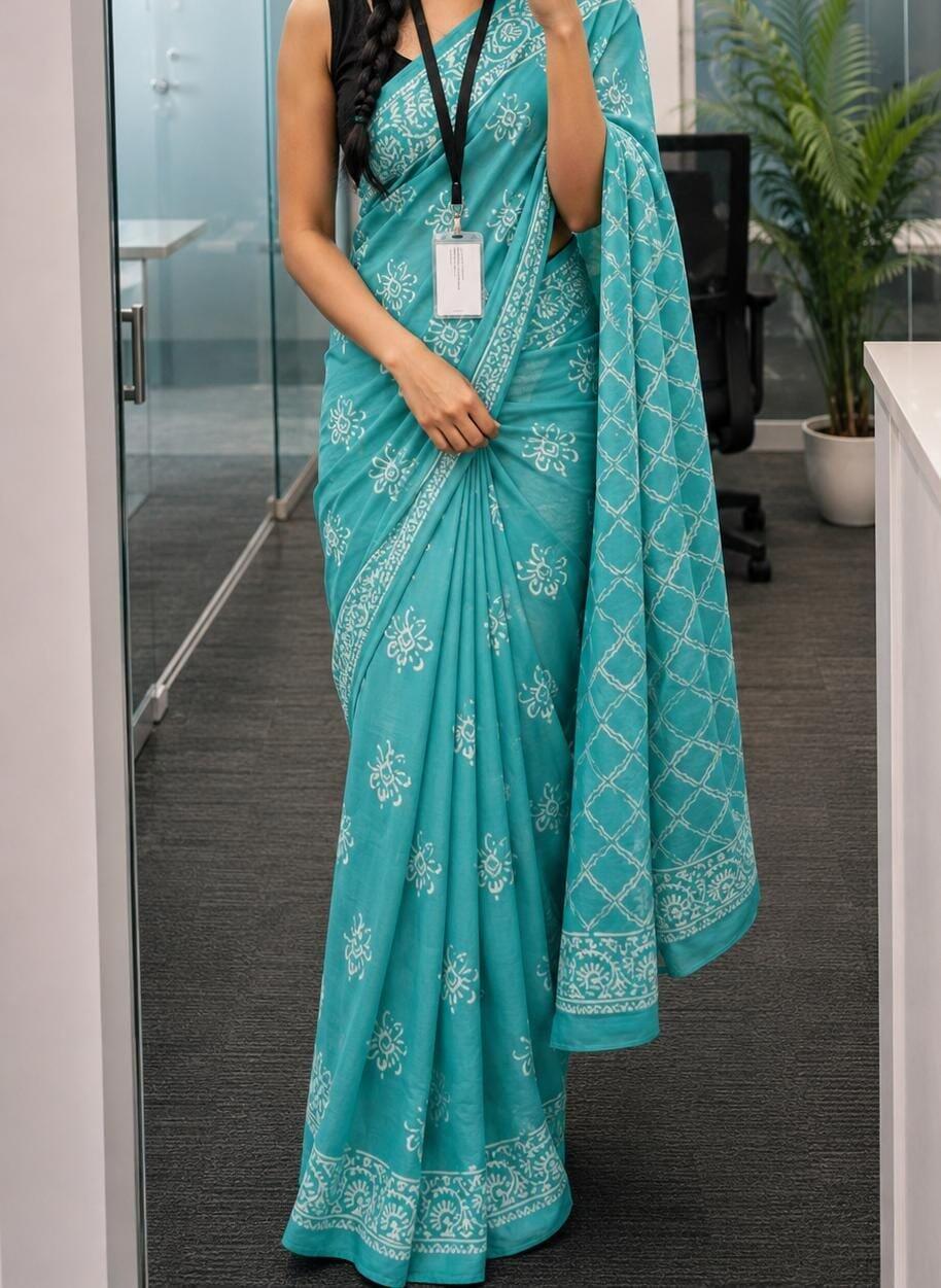Aqua Florals - Hand Block Mul Mul Cotton Saree