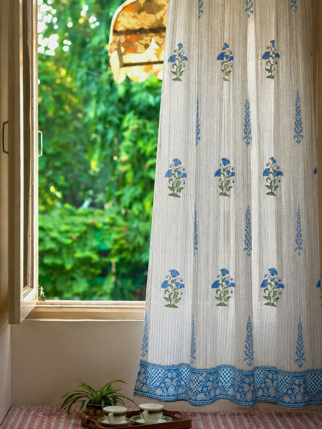 SootiSyahi 'Coral Blue' Handblock Printed Cotton Window Curtain