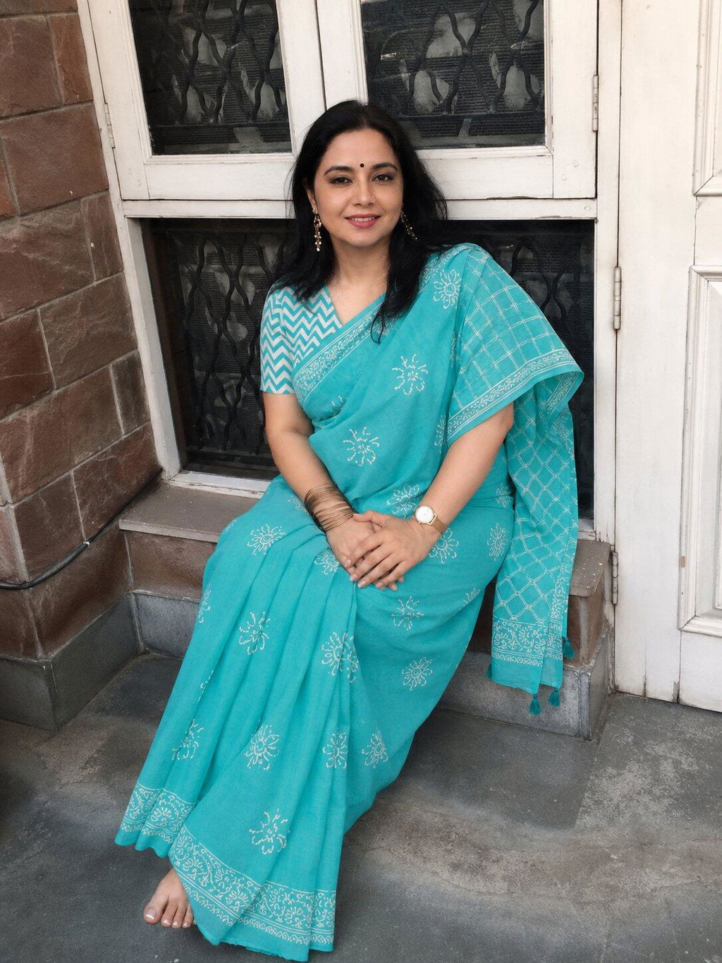 Aqua Florals - Hand Block Mul Mul Cotton Saree