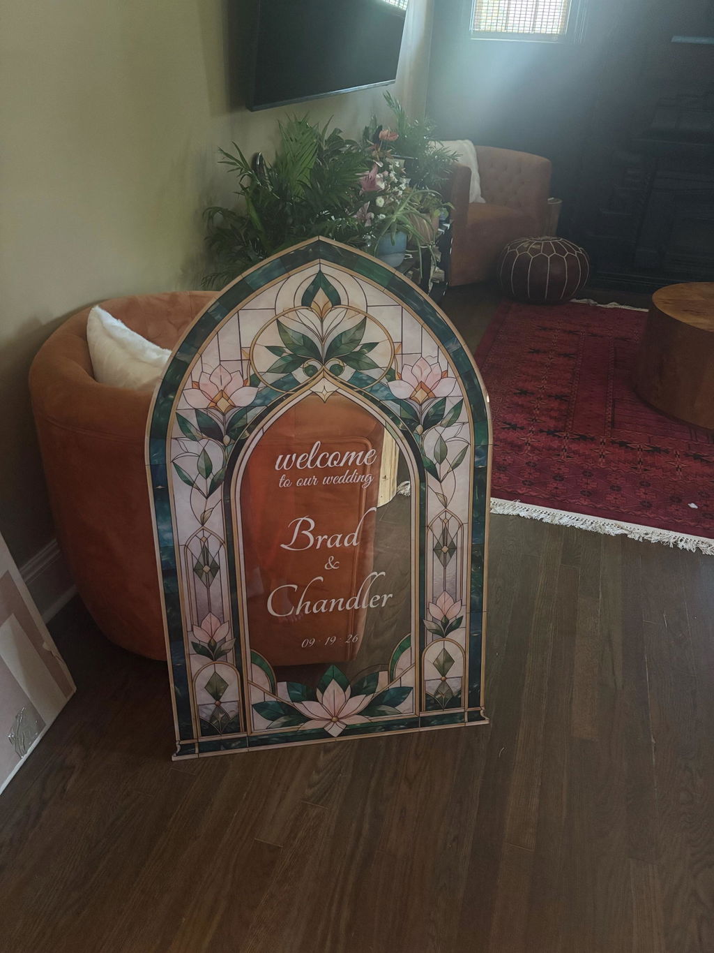 Emerald Green Stained Glass Arch Wedding Welcome Sign