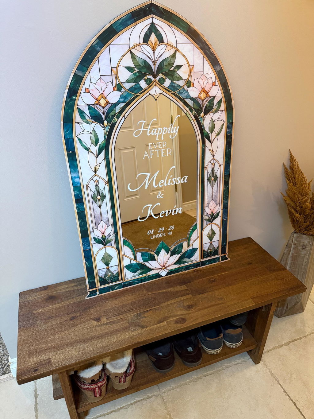 Emerald Green Stained Glass Arch Wedding Welcome Sign