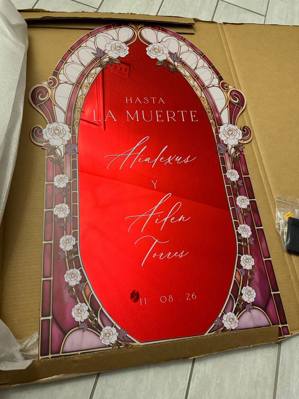 Burgundy Red Stained Glass Wedding Sign — White Rose Art Nouveau Arch