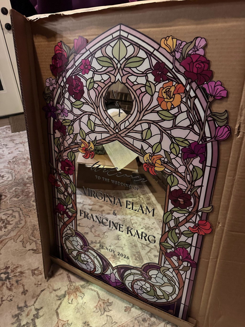 Victorian Wildflowers Stained Glass Wedding Welcome Sign