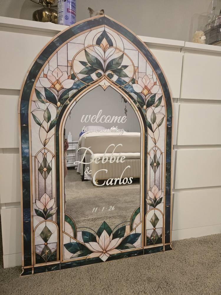 Emerald Green Stained Glass Arch Wedding Welcome Sign