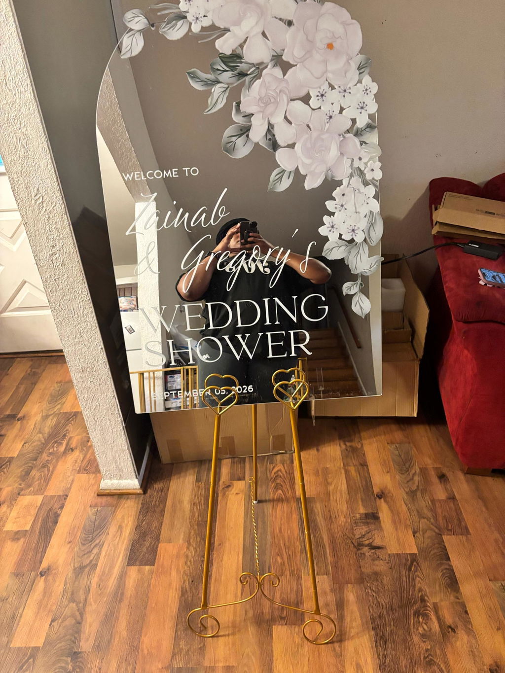 White Floral Mirror Bridal Shower Sign — Arch