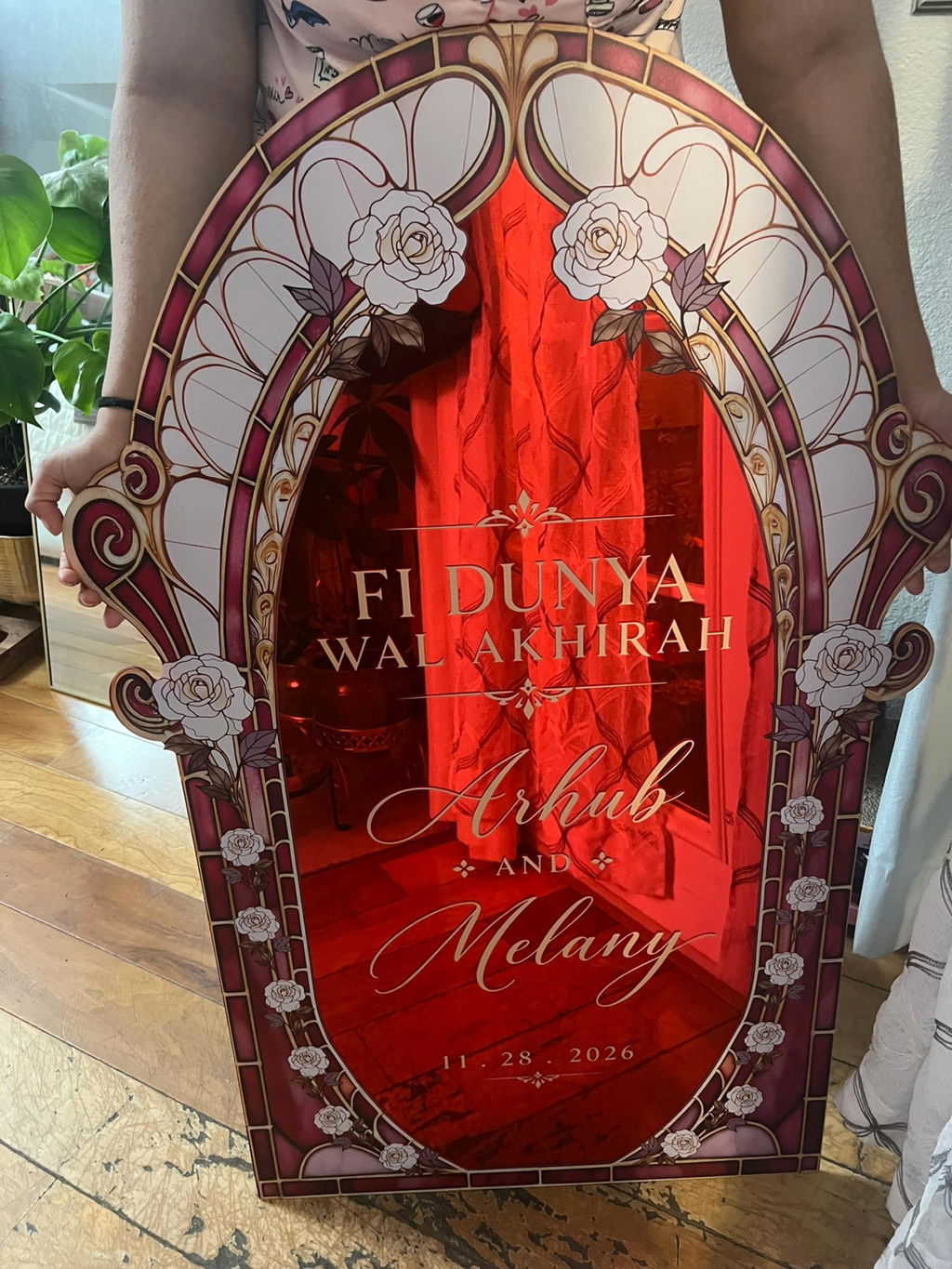 Burgundy Red Stained Glass Wedding Sign — White Rose Art Nouveau Arch