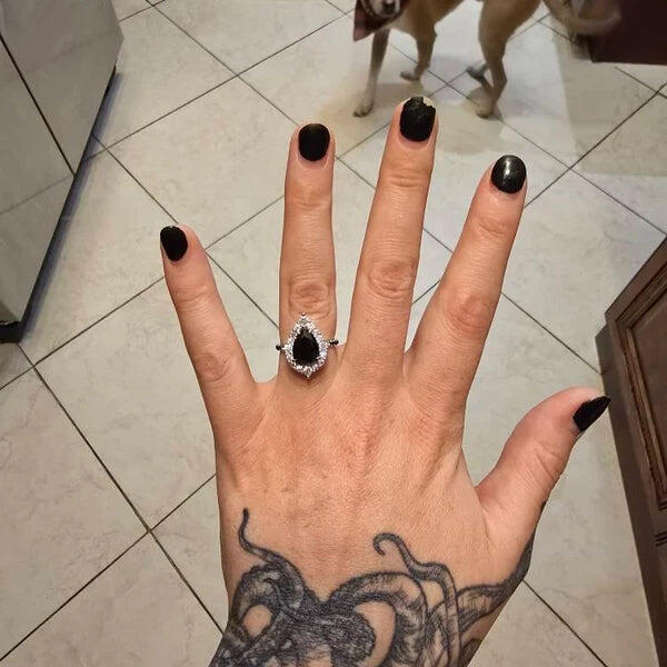Solid Gold Goth Vintage Black Tear Drop Pear Moissanite Engagement Ring