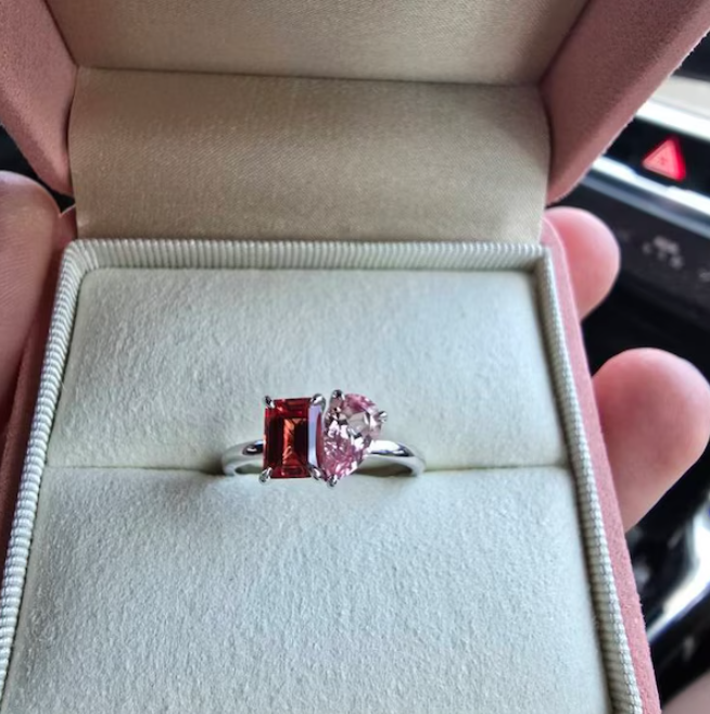 Solid Gold Toi et Moi Emerald Cut Orange Sapphire & Pear Cut Pink Sapphire Engagement Ring
