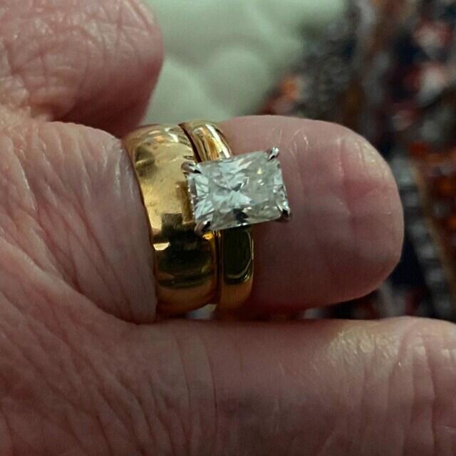 Two Tone Cathedral Hidden Halo Radiant Cut Moissanite Engagement Ring