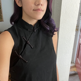 Mandarin Top | Black cotton linen | sleeveless vest with knot buttons | also in Pink / Plaid