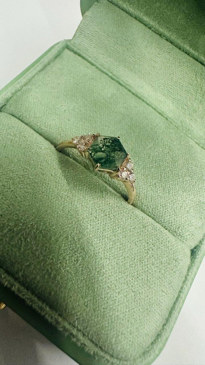 Sylvie’s Hexagon | Moss Agate Three Stone Cluster Engagement Ring