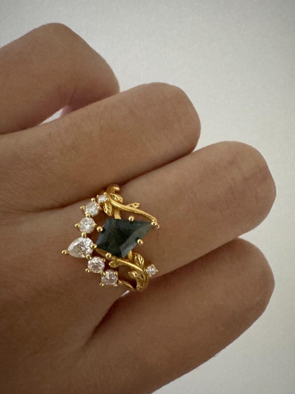 Kite Glade | Moss Agate Leafy Bridal Ring Set 2pcs