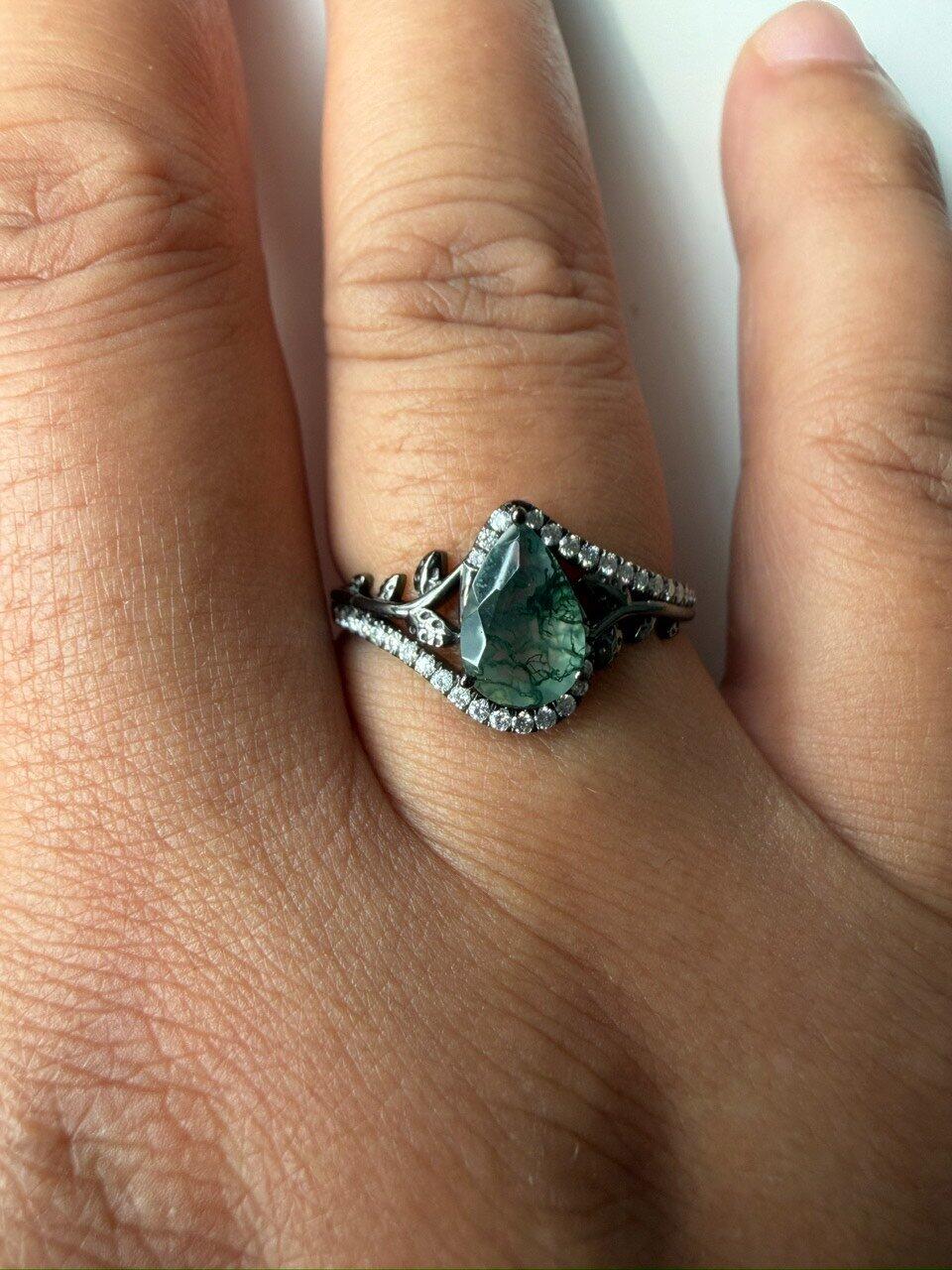 Vintage Pear Cut Moss Agate & Moissanite Leafy Engagement Ring