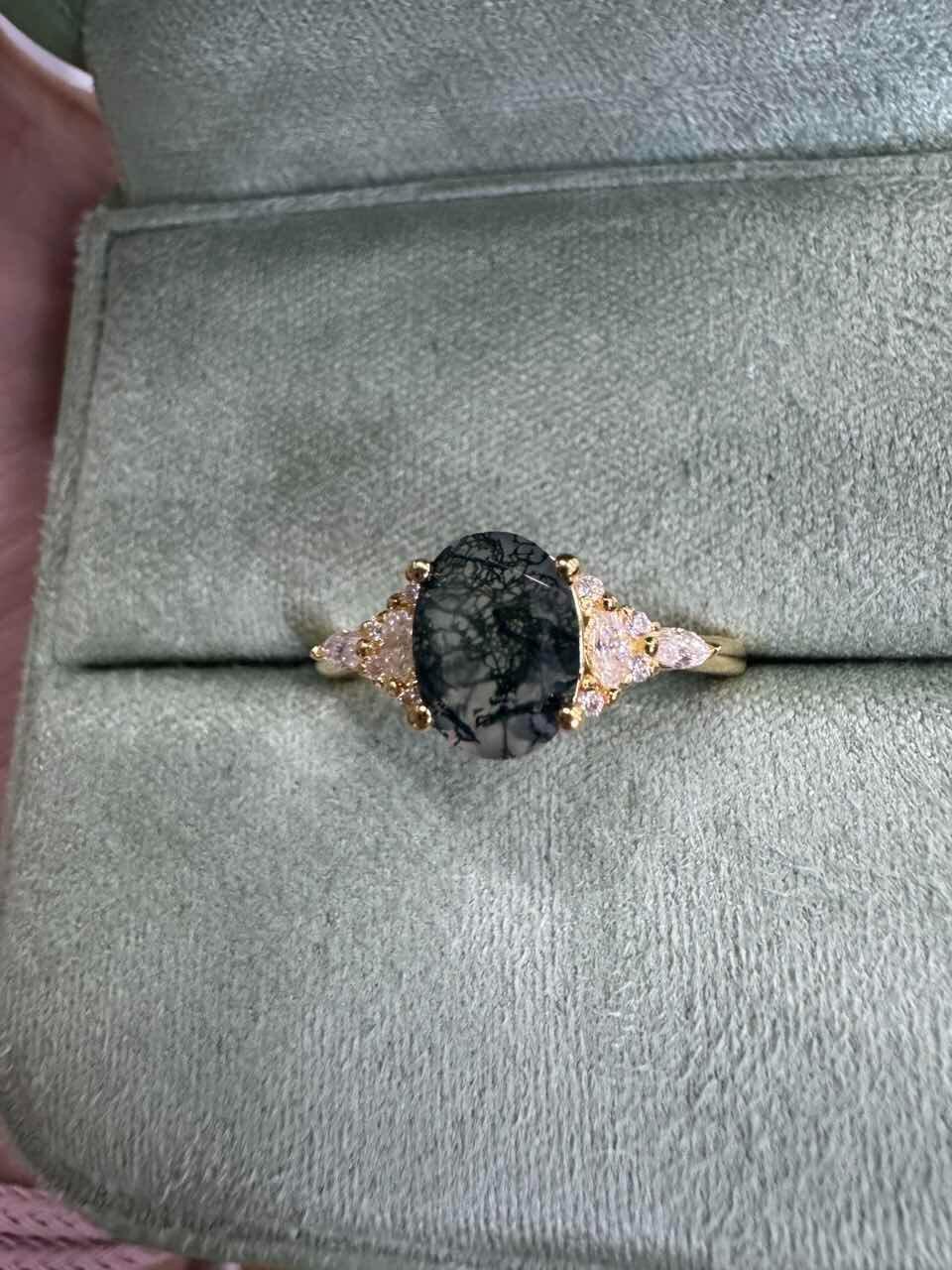 Sylvie’s Dew | Classic Oval Moss Agate Engagement Ring with Diamond Accents