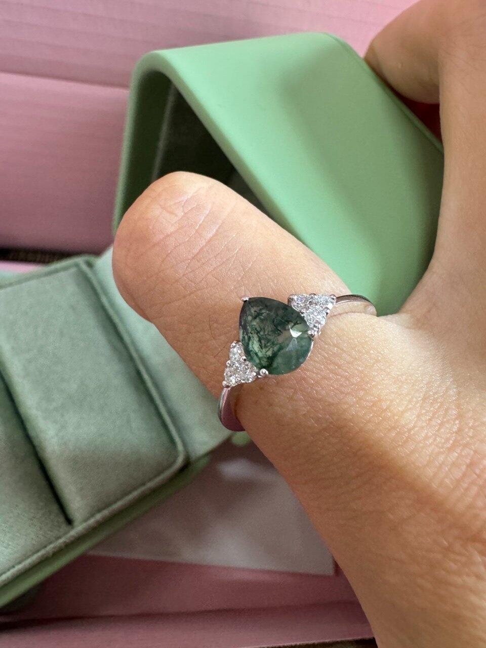 Sylvie’s Dew | Classic Pear Moss Agate Ring with Diamond Accents
