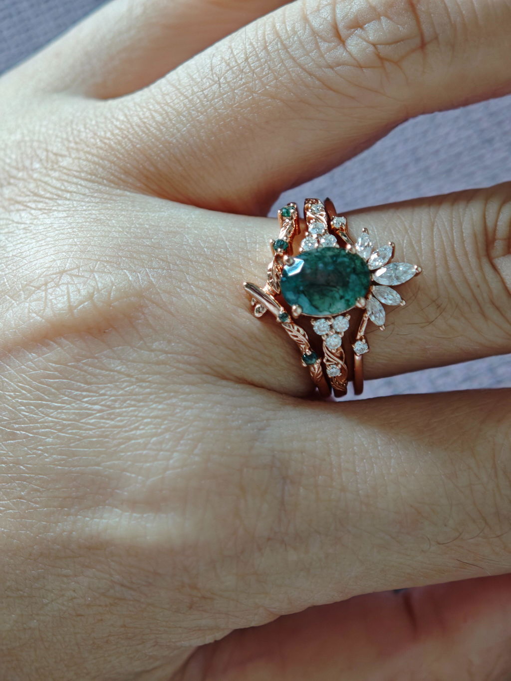Nature Inspired Oval Cut Moss Agate Cluster Leafy Bridal Set