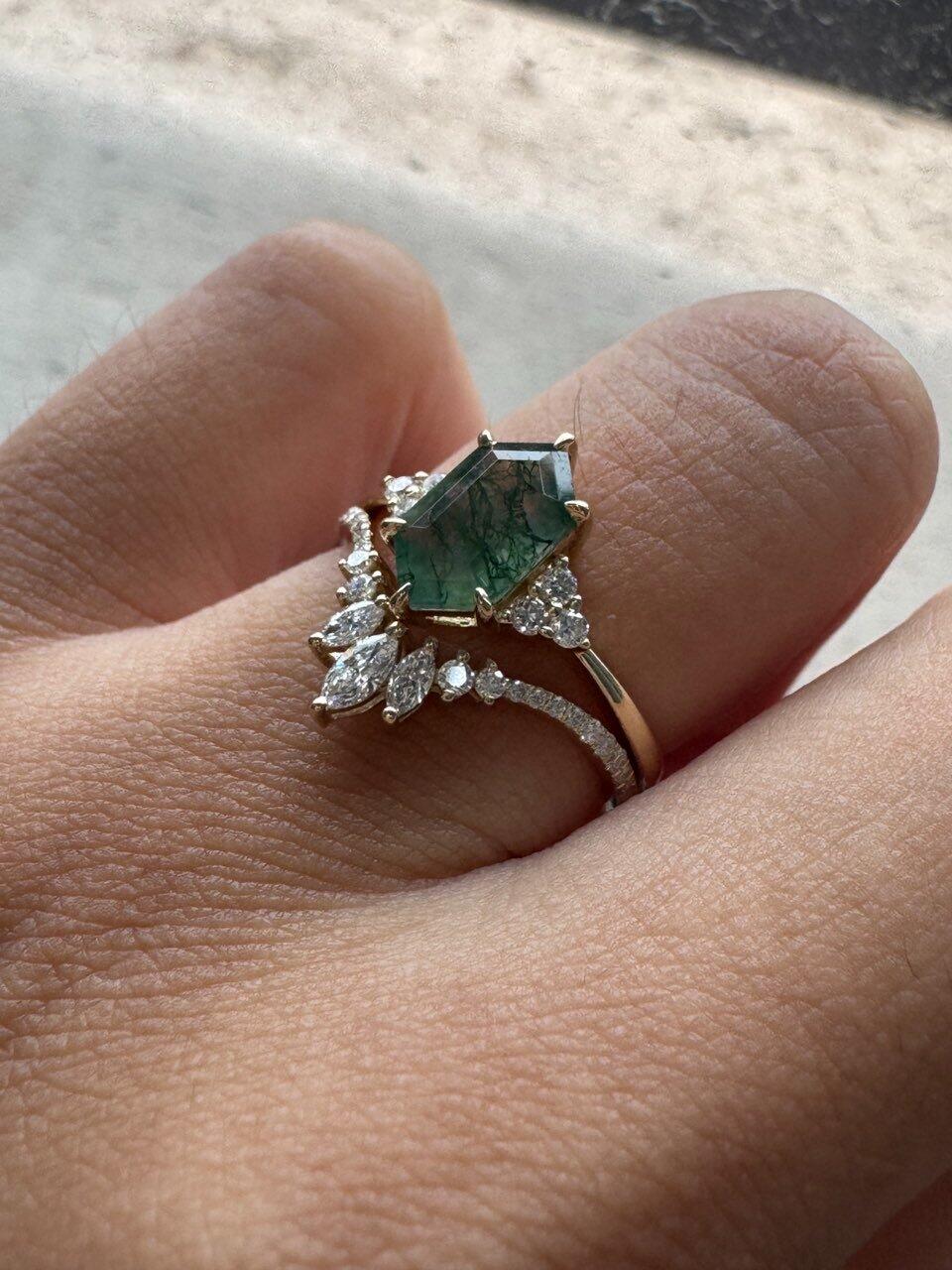 Lydia Long Hexagon Moss Agate Bridal Ring Set 2pcs