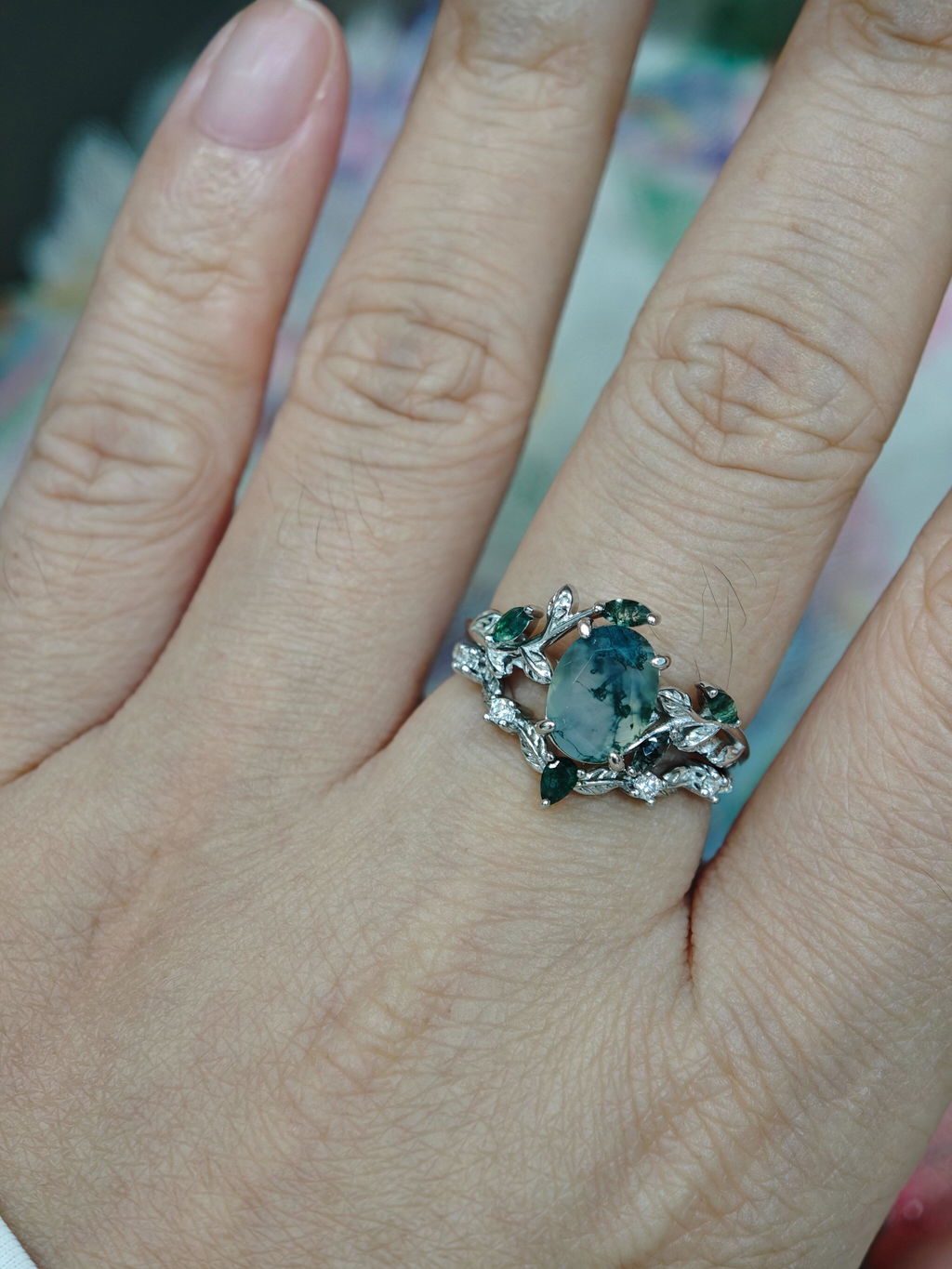 Daphne’s Vine | Oval Moss Agate Engagement Ring Set 2pcs