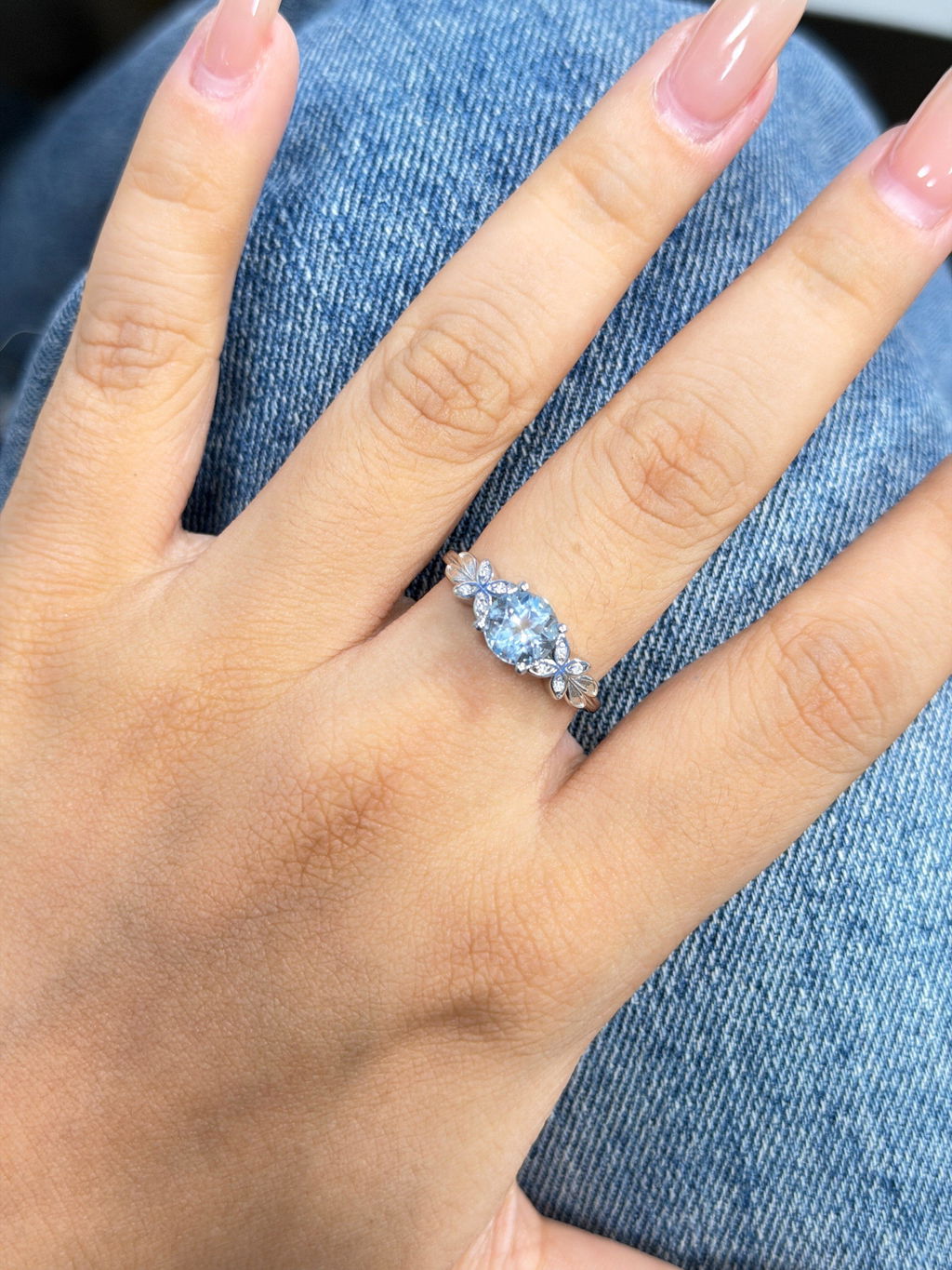 Marina’s Foliage | Round Blue Aquamarine Leafy Engagement Ring