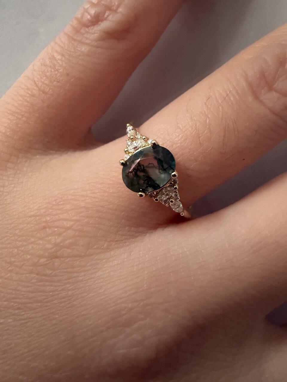 Sylvie’s Dew | Classic Oval Moss Agate Engagement Ring with Diamond Accents