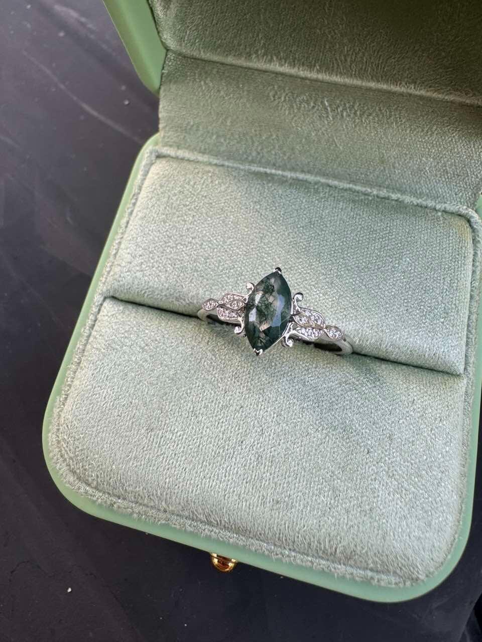 Sylvie’s Shade | Marquise Cut Moss Agate Leaf Vintage Engagement Ring