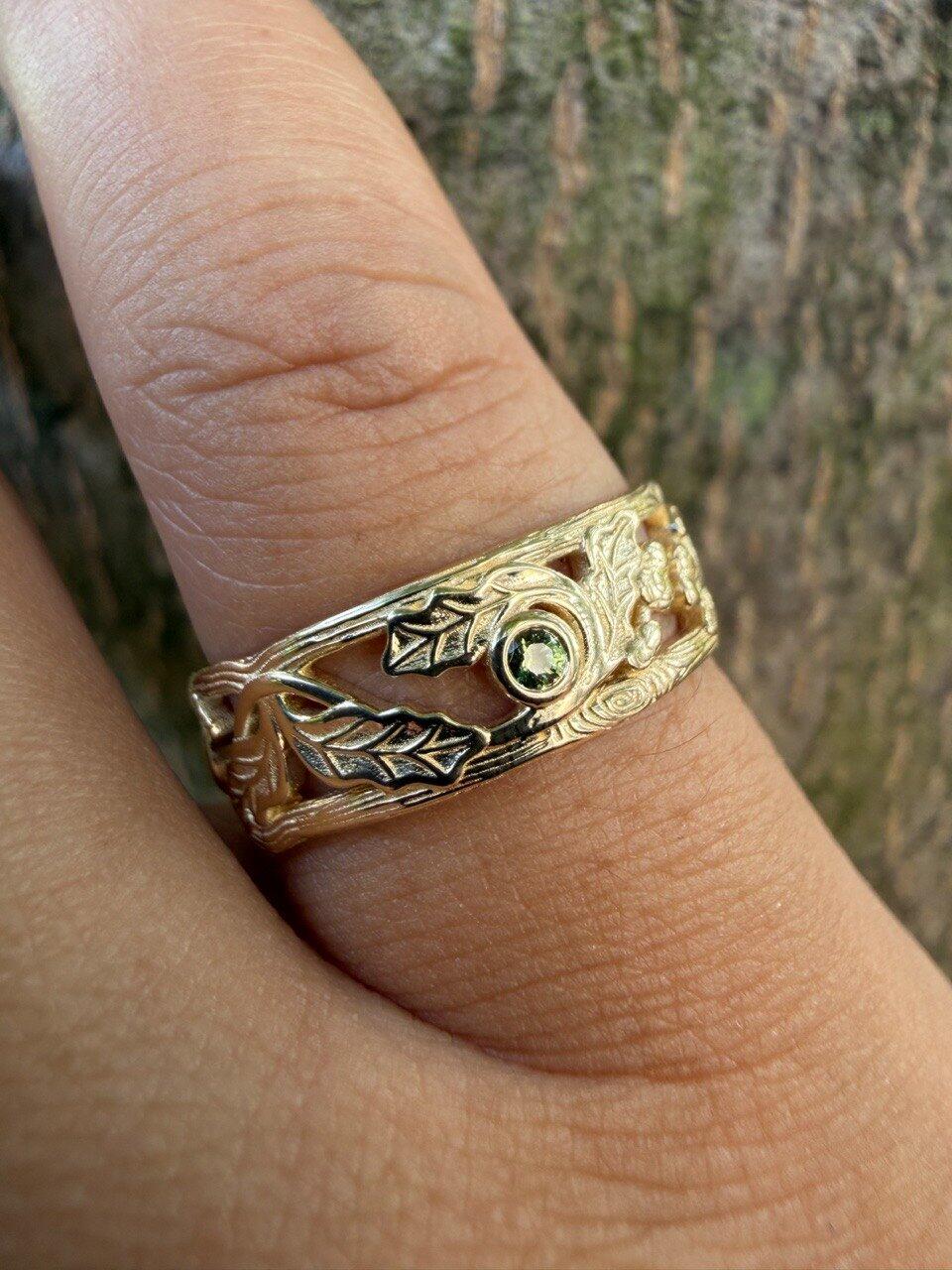 Marcus’s Haven | Carved Oak & Teal Sapphire Men’s Band