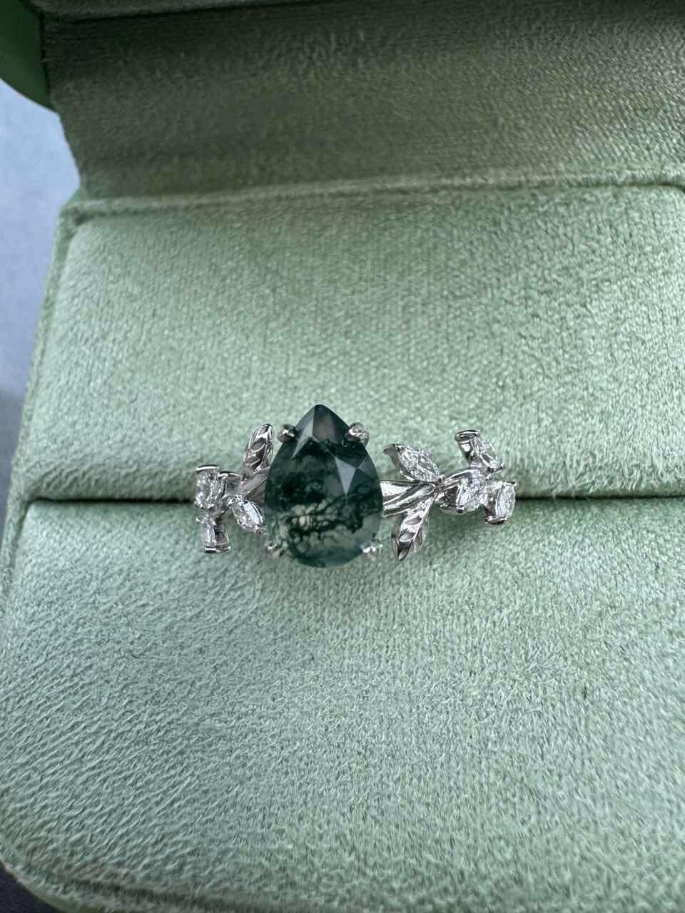 Celandine’s Tendril | Pear Cut Moss Agate Vine Engagement Ring