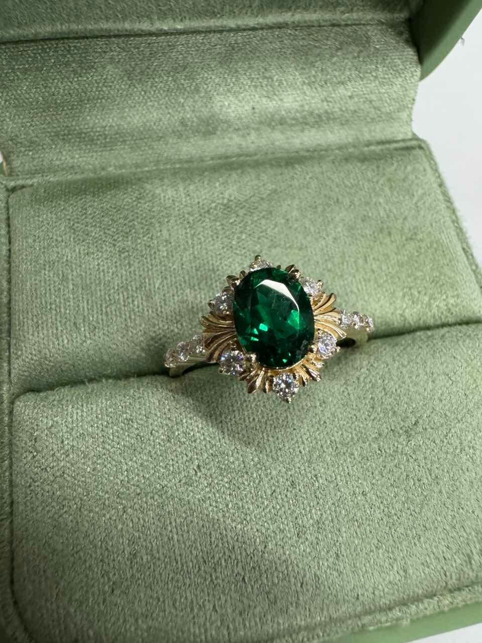 Alexandra’s Verdure | 1.5CT Vintage Oval Emerald Halo Engagement Ring