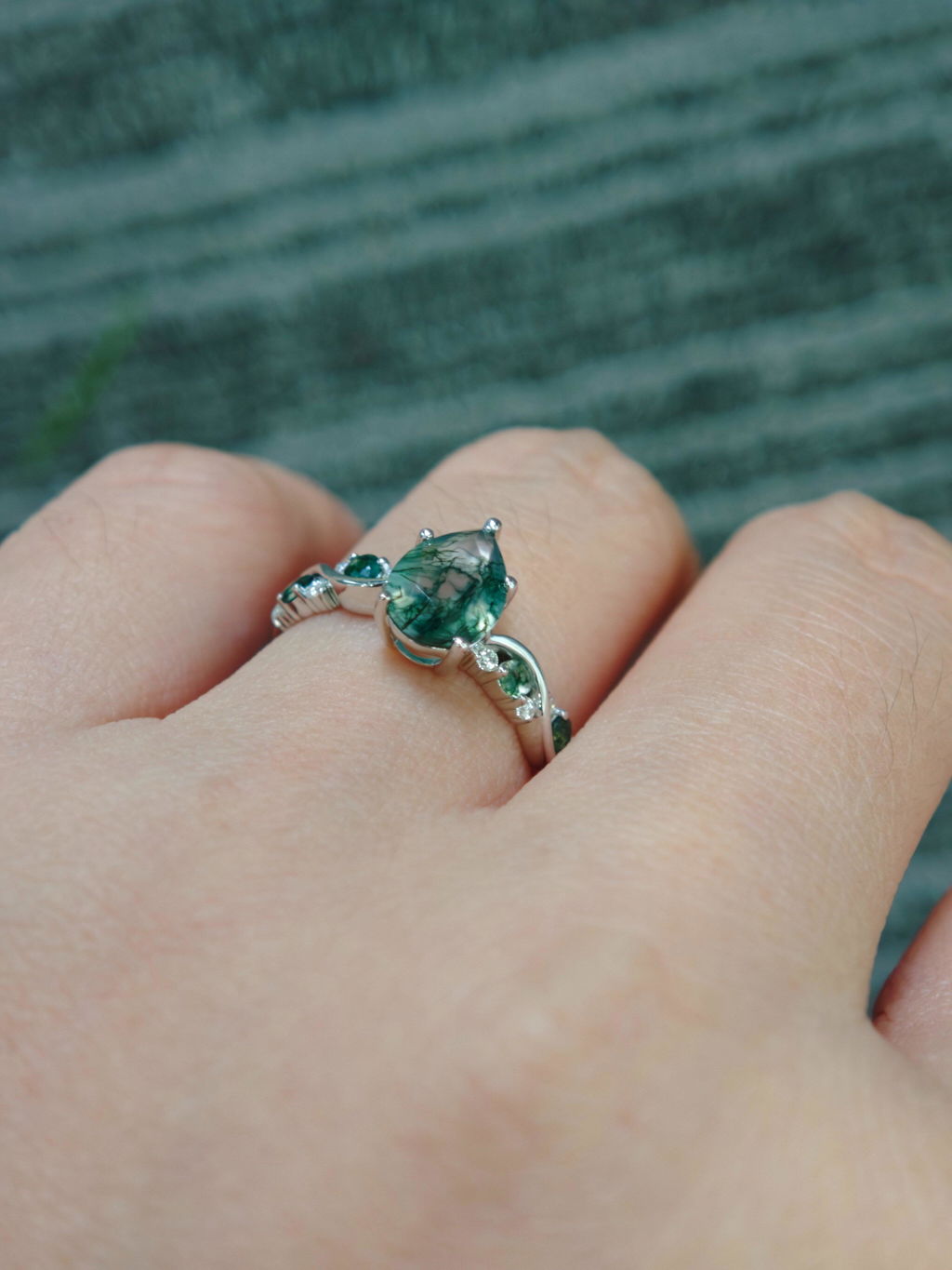Flora’s Sprig | Pear Cut Moss Agate Engagement Ring