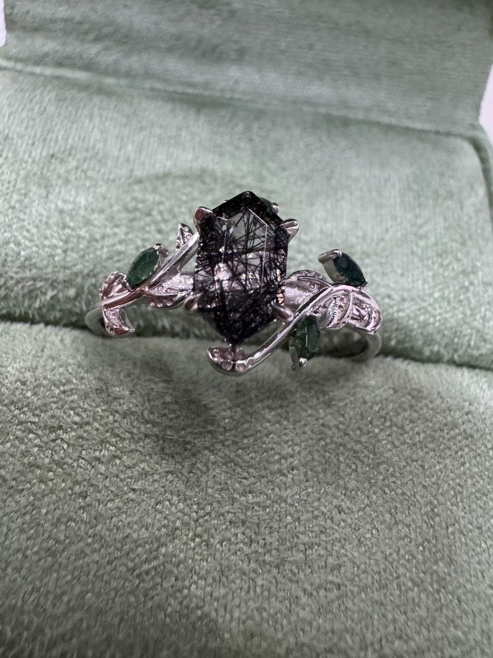 Sylvie’s Herbarium | Vintage Hexagon Moss Agate & Emerald Leafy Engagement Ring