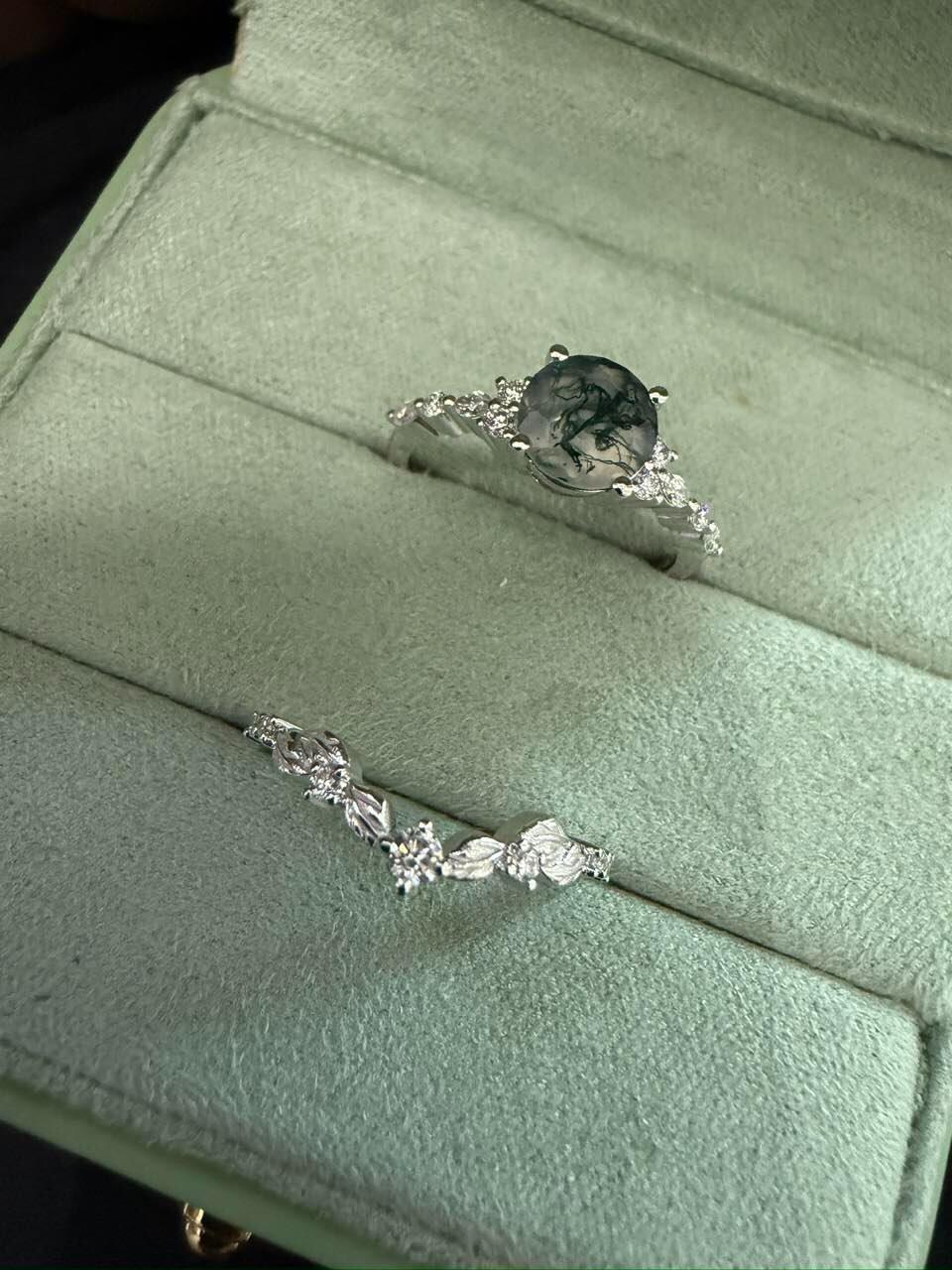 Isadora’s Verdant | Round Moss Agate Vine Engagement Bridal Set 2pcs