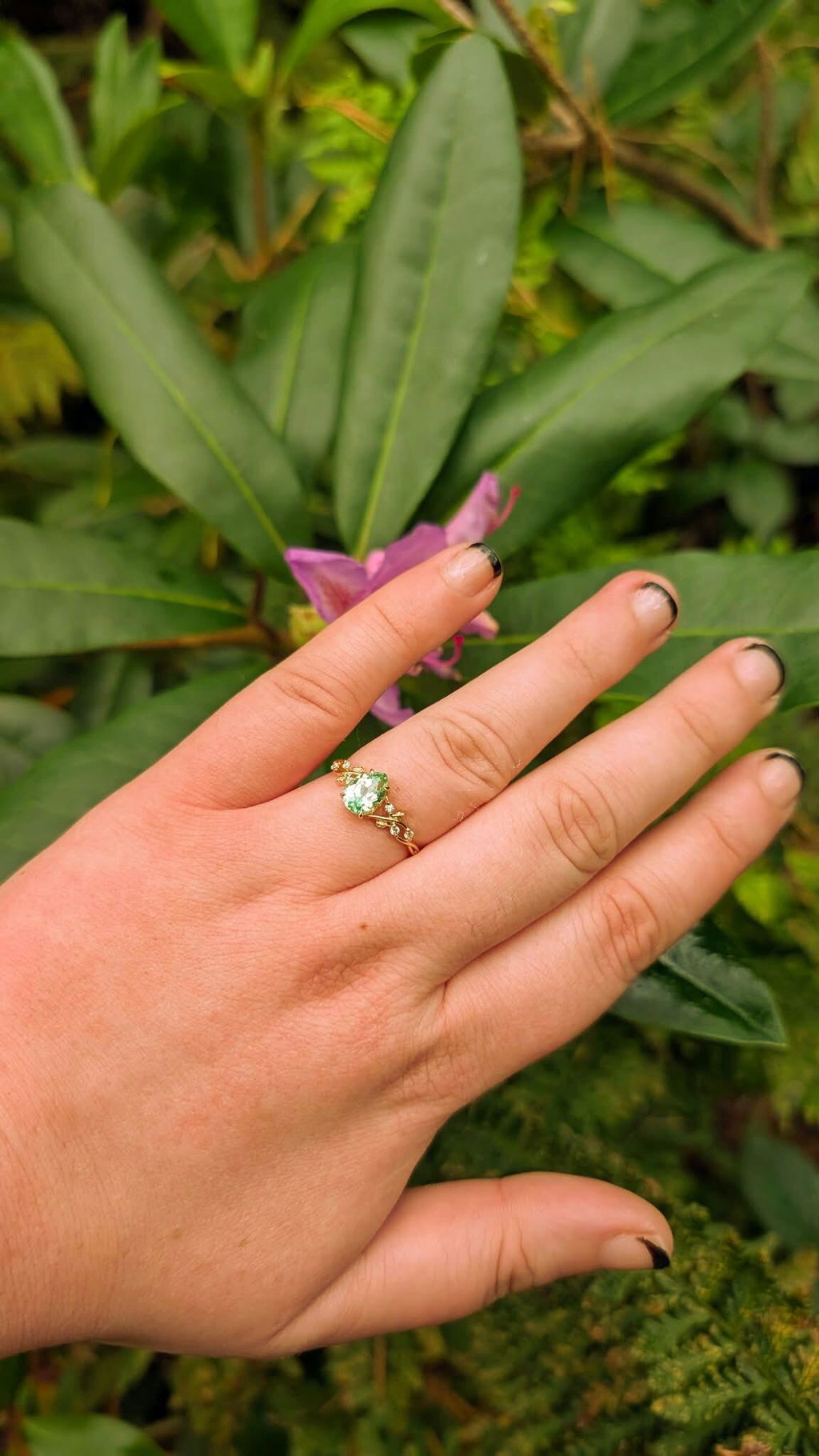 Sylvie’s Verdure | 1.5CT Pear Cut Green Sapphire Foliage Vintage Engagement Ring