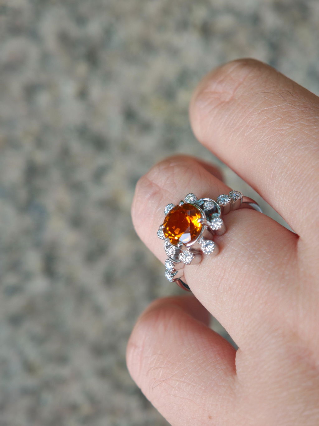 Vivienne’s Amber | Round Cut Orange Sapphire Halo Engagement Ring