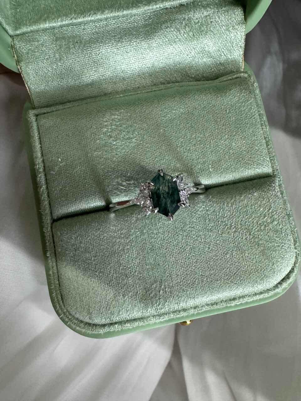 Aurora’s Flight | Hexagon Cut Moss Agate & Moissanite Winged Cluster Engagement Ring