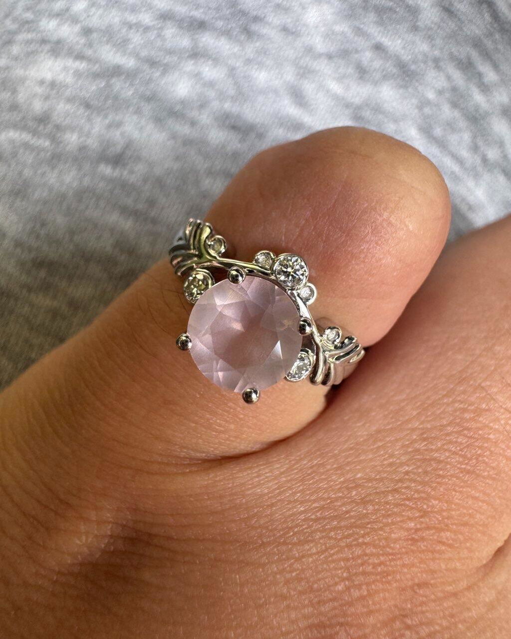 Aurelia’s Blossom | Round Rose Quartz Floral Halo Ring
