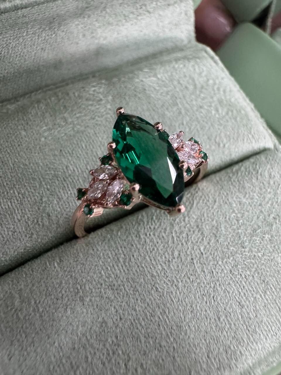 Alexandria’s Regalia | 2CT Marquise Emerald Vintage Engagement Ring