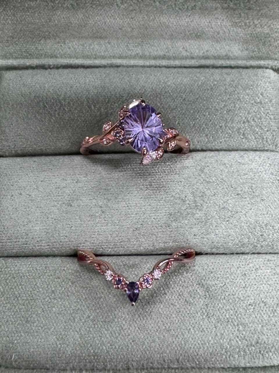 Iris’s Chaplet | Oval Firework-Cut Lavender Sapphire Foliage Chevron Bridal Set 2pcs