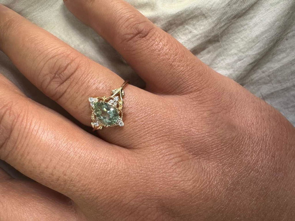 Alexandra’s Verdure | Pear-Cut Moss Agate Foliage Vintage Engagement Ring