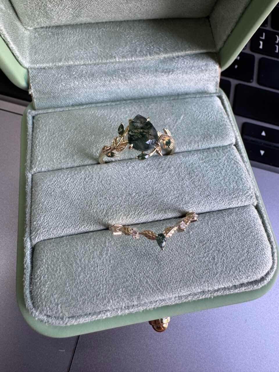 Daphne’s Laurel | Pear-Cut Moss Agate Vintage Bridal Set 2pcs