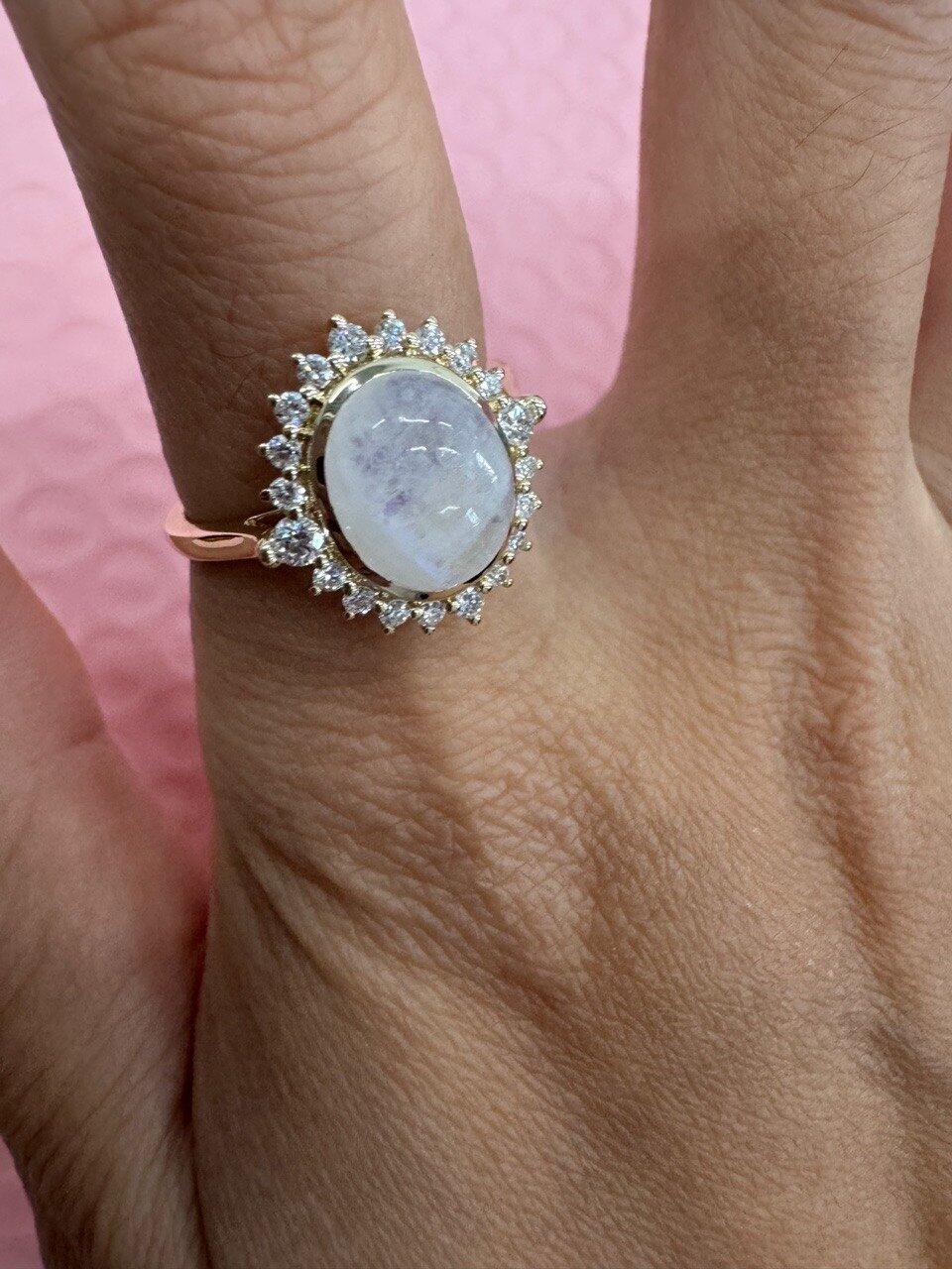 Elara’s Luster | Classic Oval Moonstone Halo Engagement Ring