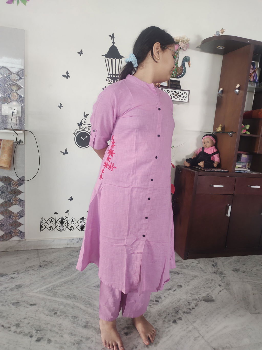 Light Pink Embroidered Cotton Kurta and Palazzo Set