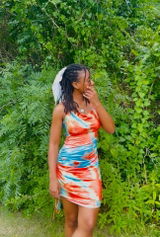 Tie-Dye Halter Ruched Mini Dress with Side Drawstring